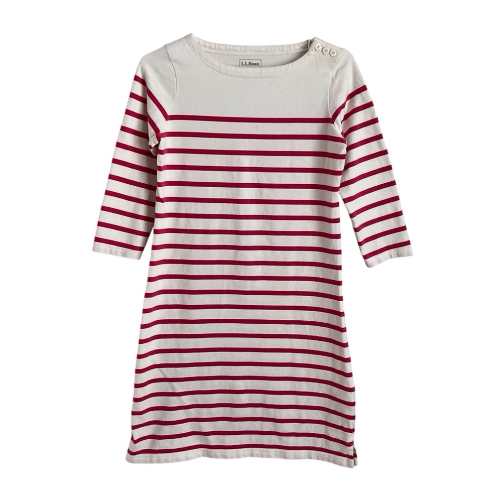 LL Bean Women's Stripe Dress White Coral Pink Button Shoulder Coastal Preppy XS